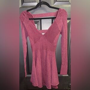 Free People V Neck Mini Dress Burgundy Long Sleeves